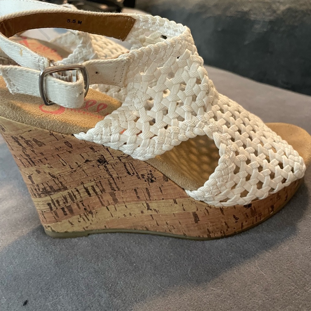 Woven White Cork Wedge Sandals - Women's